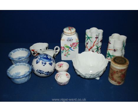 A pair of Victorian Spill Vases resembling bamboo, Shelley Tea caddy (lid a/f) , hand-painted Delft bauble, etc.