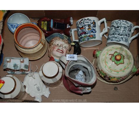 A quantity of china including Wilkinson biscuit barrel, two 'God Speed The Plough' loving Cups, a/f, a Beswick 'Barnaby Rudge