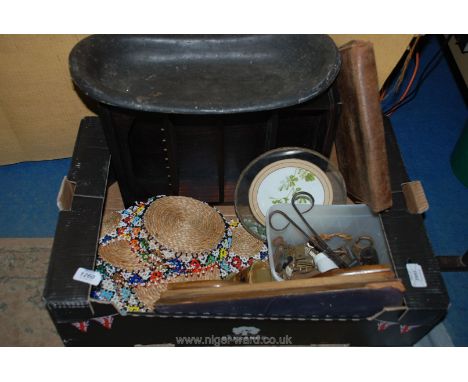 A quantity of miscellanea including papier mache Tray, beaded mats, small display shelf, etc.