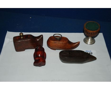 Three Treen shoe shaped Snuff Boxes, a Netsuke Owl and a Pin cushion.