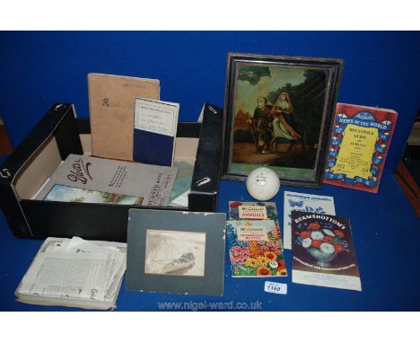 Miscellaneous old school Workbooks, ephemera, theatre programmes, plant catalogues, etc and a framed Print 'The Flight into E