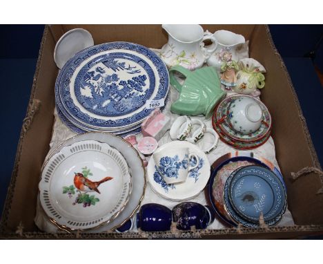 A Box of China inc Willow Pattern Plates, Christmas Napkin Rings, Cabinet Tea Cups, Saucers & Bowls.