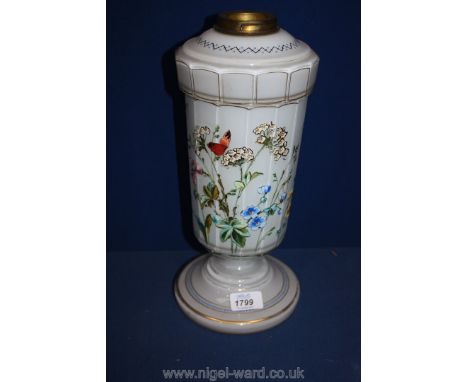 A hand painted opaque glass Oil Lamp base with removable reservoir.