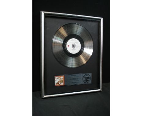 THE CARS - RIAA platinum  award presented to "ELECTRA RECORDS" to commemorate the sale of more than 1,000,000 copies of the "