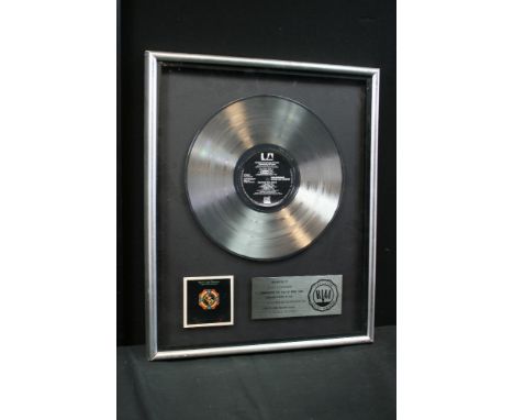 ELECTRIC LIGHT ORCHESTRA - RIAA platinum award presented to "Mark Levinson" to commemorate the sale of more than 1,000,000 co