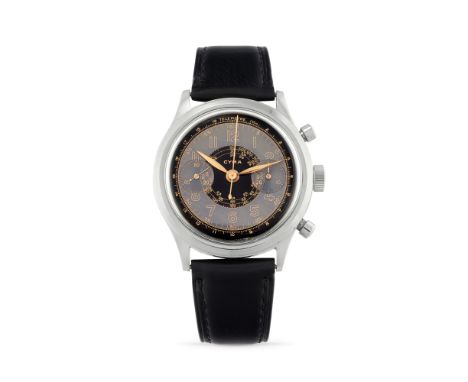 Cyma Clamshell chronograph, 40sStainless steel round Clamshell case, n.33936, round pushers.Black glossy and light blue secto