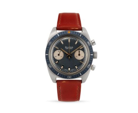 Bulova Deep Sea chronograph New-old-stock, 70sStainless steel tonneau case and rotating bezel, violet sticker on the case bac