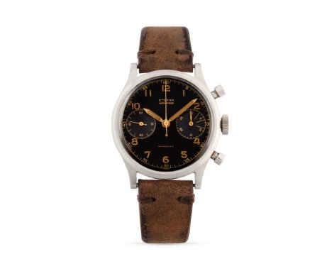 Eterna chronograph, 40sStainless steel round case, n.2863458, screw back, round pushers.Black glossy dial, luminescent arabic