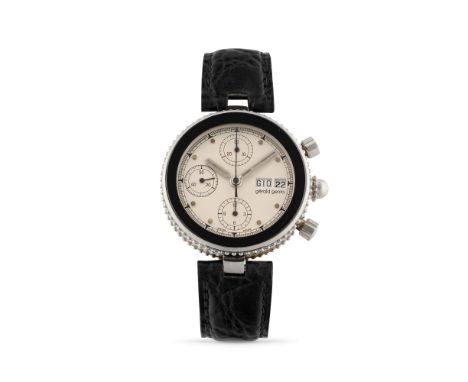 Gérald Genta Gefica G2989.7 chronograph , 90sStainless steel round case with beaded sides, n.54510, Vendôme lugs.Cream colour
