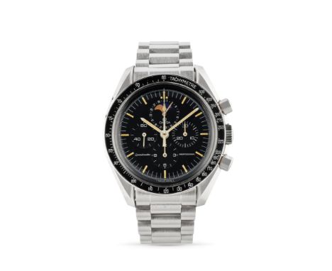 Omega Speedmaster Moonphases 145.0809, 80sStainless steel round case, black aluminium insert, round pushers, lyre lugs.Black 