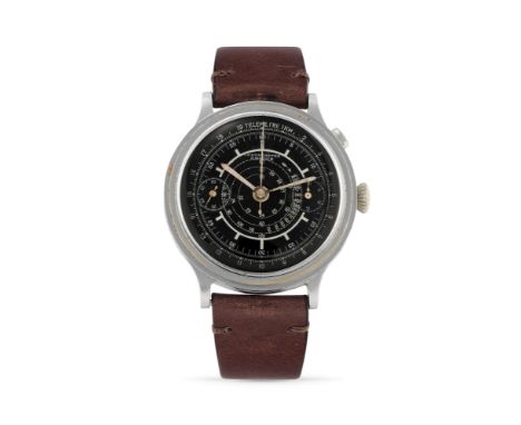 Ghitor chronograph, 40sStainless steel and chromed metal round case, olive monopusher at 2 o'clock.Black dial with Aviator la