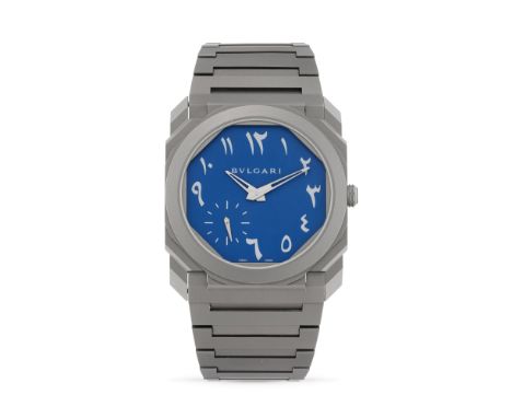 Bulgari Octo Finissimo Arabic 103301, 2020sTitanium octagonal case, display back.Blue dial, painted eastern arabic numerals.A