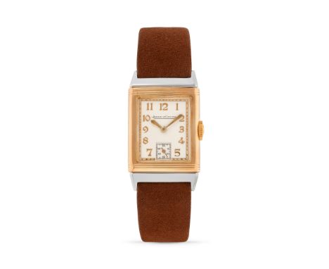 Jaeger-LeCoultre Reverso, 30sStainless steel and 14k gold reversible rectangular case, n.30962.White dial with grené finishin