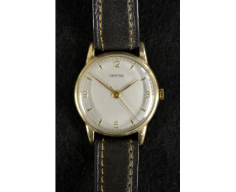 A Vintage Vertex 9ct gold cased gentleman's wristwatch. silvered dial, quartered Arabic numerals, Arrow baton markers, centre