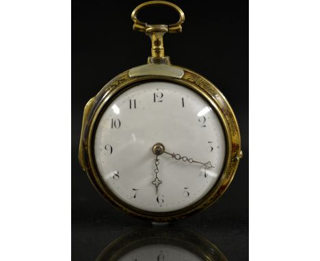 An English giltmetal pair cased verge fusee pocket watch,  Hugh Bayliss of London, enamel dial, Arabic numerals, minute track