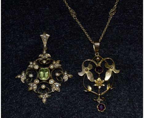 An Edwardian peridot and seed pearl pendent, central rounded cushion cut peridot inset to a floral frame encrusted with thirt