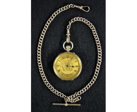 A 12ct gold open face pocket watch, gilt floral dial, raised Roman numerals, minute track, blued hands, button wind movement,