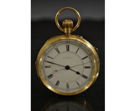 A Victorian 18ct gold open face chronograph pocket watch, white enamel dial, Roman numerals, minute track, centre seconds, bl
