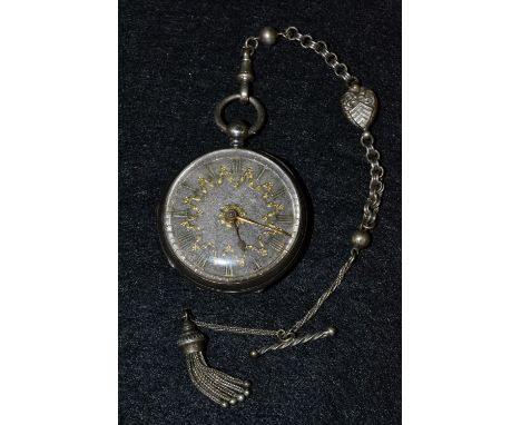 A Victorian silver open face pocket watch, gold coloured metal inlaid dial, Roman numerals, minute track, gold coloured spade