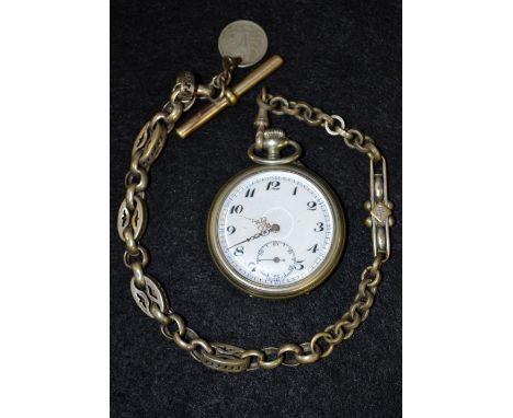 A Victorian base metal cased open face pocket watch, white dial, Arabic numerals, blue outer minute track, subsidiary seconds