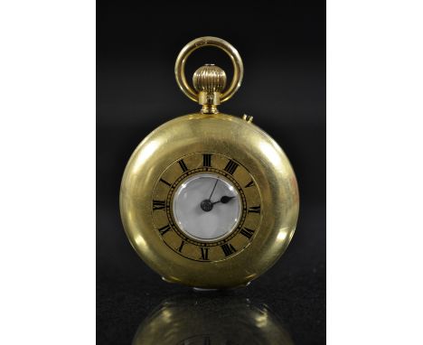 A Victorian 18ct gold lady's half hunter pocket watch, W R Cogdon, London, white enamel dial, bold Roman numerals, minute tra