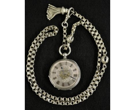 A Victorian continental silver open face pocket watch and chain, silvered dial, raised Roman numerals, minute track, blued ha