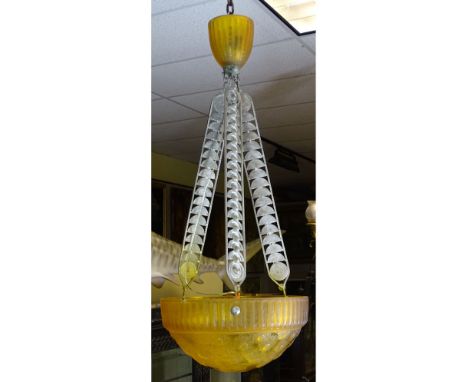 Art Deco Style Amber Moulded Glass Chandelier with Silvered Metal Stylized Supports. Unsigned. Measures 44" H x 18" Dia. Ship