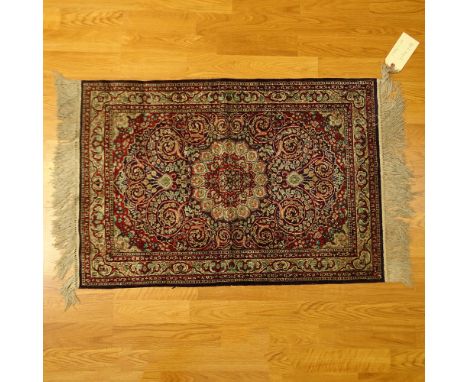 Hand Knotted Chinese Silk Carpet. Labeled Shanxi Provincial Arts & Crafts Imp & Exp. Corp. Good condition. Measures 37" x 25"