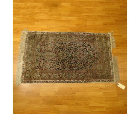 Hand Knotted Chinese Silk Carpet. Unsigned. Fringe Loss or in Good condition. Measures 60" x 36". Shipping $45.00 