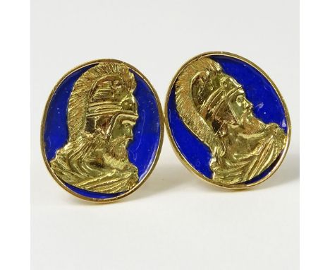 Pair of Men's Antique 18 Karat Yellow Gold and Enamel Roman Soldier Cufflinks. Signed 18CT (old hallmarks). Very good conditi
