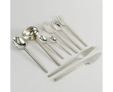 Sixty (60) Piece Mid Century Modern Rosenthal "Linear" Silver Plate Flatware. Set includes: 11 forks, 7-3/8; 3 salad forks; 1
