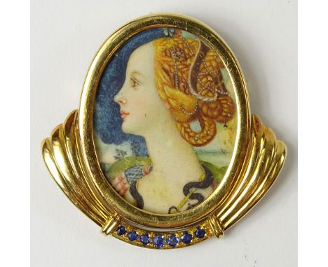 18 Karat Yellow Gold and Round Cut Sapphire Pendant/Brooch with Hand Painted Portrait Miniature. Stamped 18K. Surface wear fr