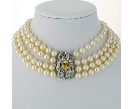 Lady's Four (4) Strand 9.3mm to 8.3mm Pearl Necklace with Very Fine Quality 7.26 Oval Cut Yellow Sapphire, 4.75 Carat Diamond