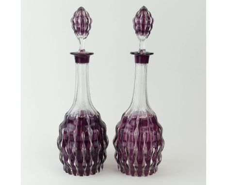 Pair of Large Antique Amethyst Cut to Clear Crystal Decanters. Unsigned. Foggy interior, small chips on stopper and decanter.