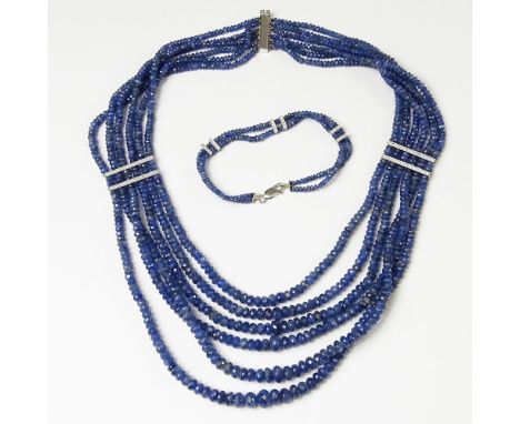 Lady's Vintage Sapphire Bead, 18 Karat White Gold and Diamond Torsade Necklace and Bracelet Suite. Signed 750. Good condition