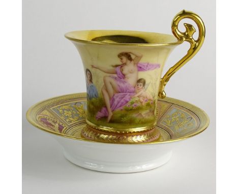 Antique Royal Vienna Porcelain Portrait Cup and Saucer. Romantic scene, raised gilding. Signed with Blue beehive mark. Very g
