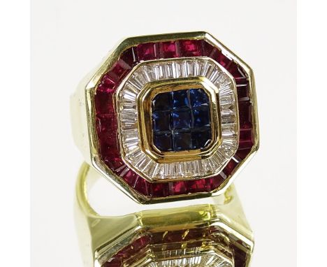 Men's Heavy 18 Karat Yellow Gold Ring with Ruby, Diamond and Sapphire accents. All stones very high quality. Signed 18K. Very