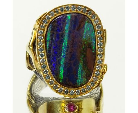 Men's Incredible Quality Heavy 18 Karat Yellow Gold, Sterling Silver and Rare Blood Opal Ring with Blue Diamond Bezel and Rub