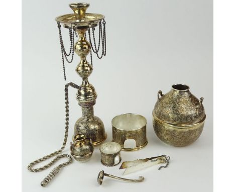 Vintage Egyptian 900 Silver Water Pipe/Hookah. Includes 2 vessels also 2 stands, a ladle and tong which are silver plate. All