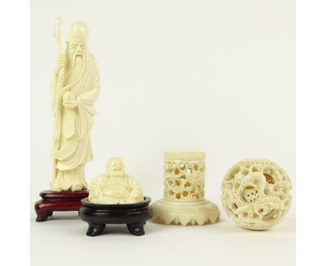 Lot of Three (3) Chinese Carved Ivory Items. This lot includes a wiseman figure 6", Buddha figure (minor loss to edge), myste