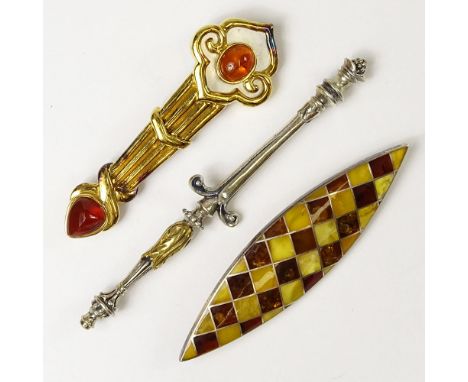 Three Vintage Designer Sterling Silver Brooches, One set with Cabochon Citrines and Mother of Pearl, One set with Amber and E