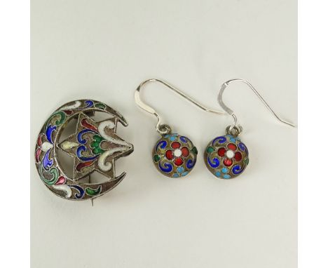 Three (3) Piece Vintage Russian Enamel Silver brooch and Earring set. Modern french wires on earrings. Signed 84 MK. Pin meas