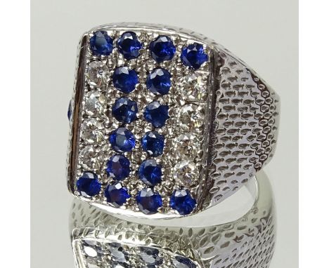 Men's David Yurman style Approx. 2.0 Carat Round Cut Sapphire, 1.0 Carat Round Cut Diamond and 18 Karat White Gold Ring. Diam