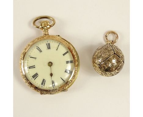 Lady's Antique 14 Karat Yellow Gold Pocket Watch together with an Antique 10 Karat Yellow Ball Pendant which opens to reveal 