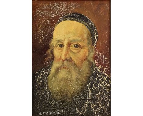 Old Master Style Oil on Masonite "Portrait of a Priest" Signed K. Fiedler. Heavy craquelure. Measures 5" x 5-1/4", frame meas