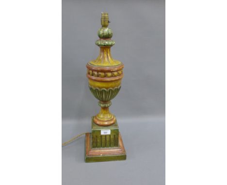Painted plaster table lamp base with green shade, 53cm excluding light fitting 