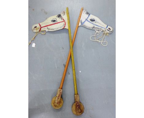Two vintage wooden painted Hobby Horse, one with red harness, one with blue, 120cm long, (2) 