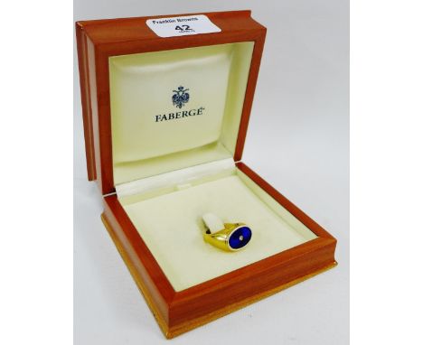 Victor Mayer for Faberge 18 carat gold ring with blue guilloche enamel and central bright cut diamond, signed FABERGE 49 / 30