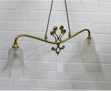 Art Nouveau brass twin branch  rise and fall light with opaque glass shades, complete with pulley system  