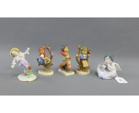 Three Hummel figures to include Merry Wanderer, Tree Boy and Girl, a Lladro figure of a Cherub and a 'Oh How Wonderful is the